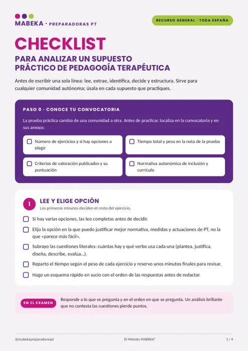 Primera página del checklist para analizar un supuesto práctico de PT