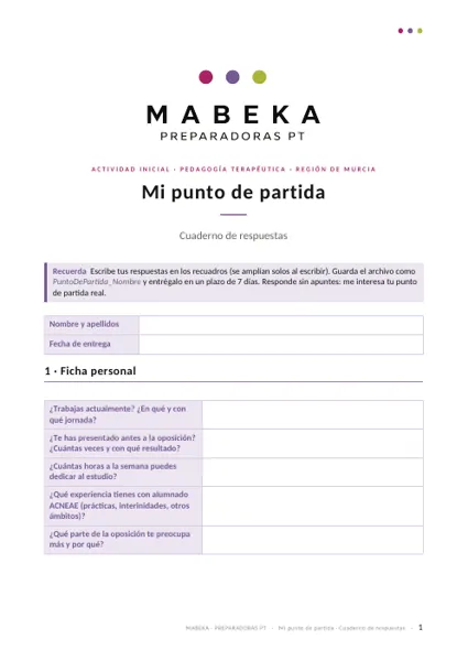 Primera página del cuaderno Mi punto de partida